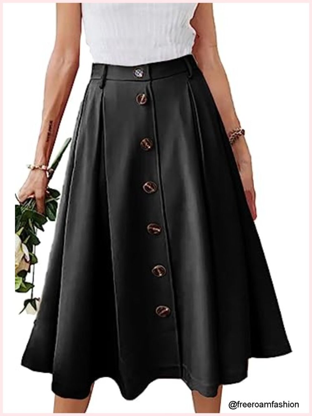 Pleated A-line Midi Skirt Elastic Waist Button Front Flared Long Skirt with - Picture 1 of 6